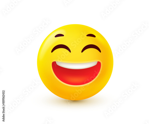 Vector illustration of yellow emoji laughing out loud. 3d style design of positive emoticon. Emotion smile face. Funny joy and laughter character icon. Happy mood and facial expression