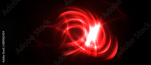 Bright red energy swirls against black background. Intense light radiates from central point, creating dynamic visual effect.