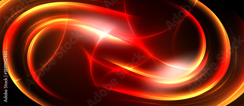 Abstract red energy flows, bright center. Dynamic curves create glowing form against dark background. Intense visual impact.