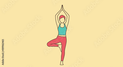 Woman in tree pose yoga illustration vector on yellow background