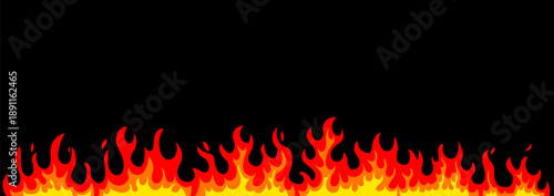 Vector illustration of bright flame border on black background. Red and yellow color burning flame of fire. Flat style design of fire frame