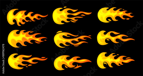 Vector set of various shine tongue of flame icon on black background. Collection of flat style design of fire symbol. Illustration of bright red and yellow color burning flame of fire