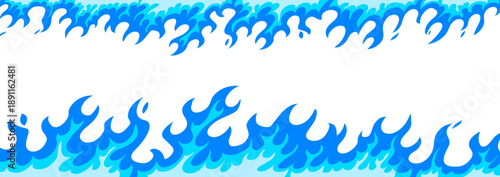 Vector illustration of blue color burning flame of fire. Set of flame border top and bottom on white background. Flat style design of cold fire frame