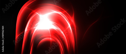 Bright red energy flows, forming arcs. Intense light radiates from center, contrasting dark background. Dynamic, modern visual effect.