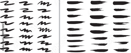 A collection of black hand-drawn vector elements featuring expressive zig-zag scribbles and textured ink brush strokes. Ideal for adding organic, gritty details to artistic graphic design projects.