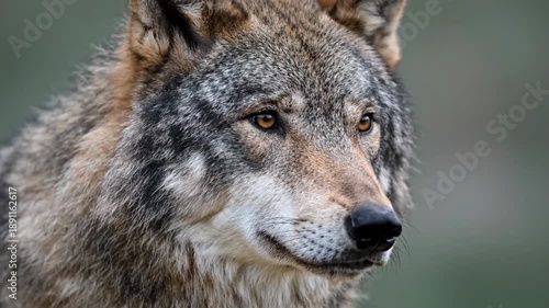 Intense Close-up Portrait of a Majestic Gray Wolf (Canis lupus) Looking Ahead with Piercing Amber Eyes and Detailed Fur Texture Against a Soft Background.
