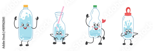 Set of cute smiling water bottle characters with arms and legs. Fun flat vector illustration promoting hydration, perfect for kids designs, health posters, stickers, school materials, apps