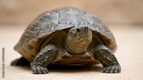 Detailed Low-Angle Close-Up Portrait of a Terrestrial Tortoise Standing on Sandy Ground Looking Directly at the Camera