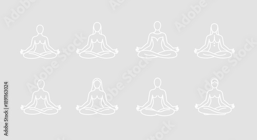 Meditating human figures in various poses simple line art for wellness