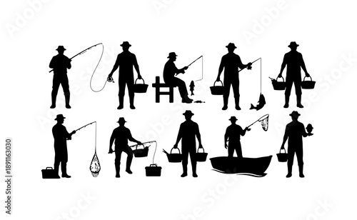 Silhouettes of Fishermen in Various Poses