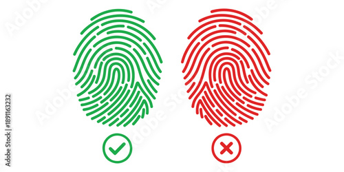Fingerprint icons with green checkmark and red cross on white background