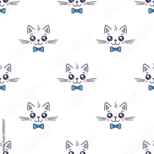 Cute kawaii cat with bow tie seamless pattern. Texture for children clothing, textile design, gender parties, baby shower. Outline cat character, vector