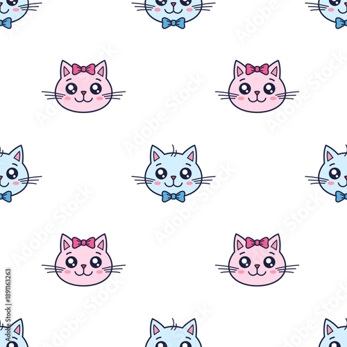 Cute kawaii cat with bow tie, hair tie seamless pattern. Texture for children clothing, textile design, gender parties, baby shower. Outline cat character, vector