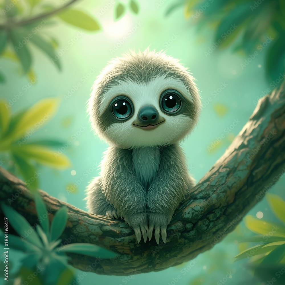 Fototapeta premium Cute kawaii sloth sitting on a tree branch in a soft green fantasy forest, adorable cartoon animal illustration with dreamy magical atmosphere and gentle lighting.
