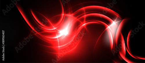 Abstract red light curves radiate from bright center. Dynamic energy flows, creating vibrant visual impact. Smooth gradients dominate dark background.