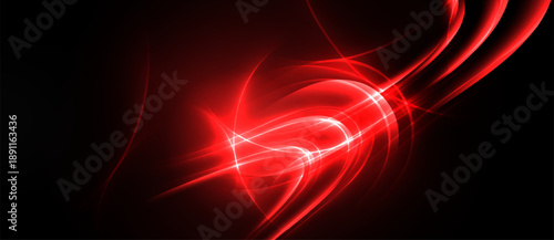 Bright red energy flows, curves, swirls. Dynamic abstract design with intense light against dark background. Vivid, modern presentation.