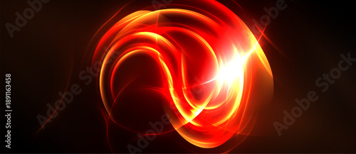 Bright red energy swirls, glowing center radiates light. Dark background emphasizes vibrant curves, dynamic form.