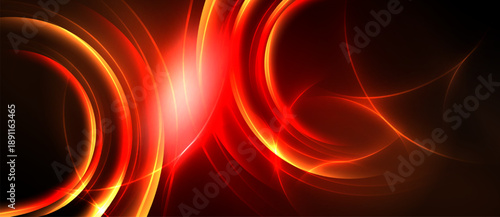 Abstract red energy flows, circular shapes dominate dark background. Bright light emanates from center, creating dynamic visual effect.