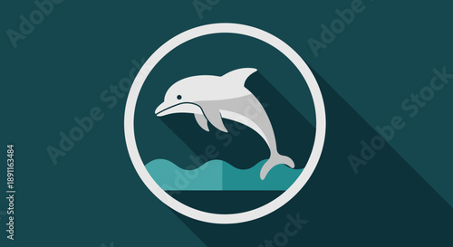 Jumping dolphin graphic in circle with long shadow for design elements