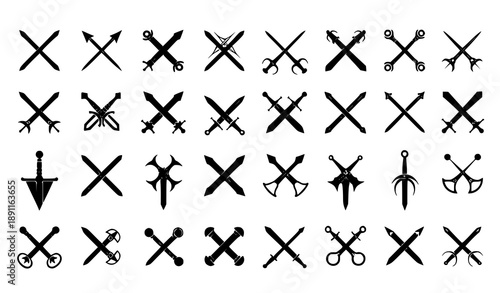 Crossed swords silhouettes medieval fantasy weapon vector set isolated