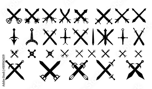 Crossed swords silhouettes medieval fantasy weapon vector set isolated