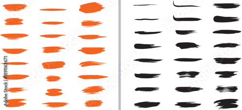 A collection of orange and black hand-drawn vector brush strokes. Features textured ink smears, thin horizontal lines, and thick artistic swatches for creative digital highlighting and design.