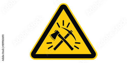 Warning sign with crossed pickaxe and shovel on yellow background isolated on white background