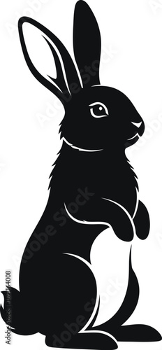 Black and white silhouette of a rabbit standing on its hind legs, stylized vector graphic of a bunny icon or logo