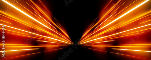 High-speed neon light lines of yellow color on a black background. Neon swirls on a white background PNG. 