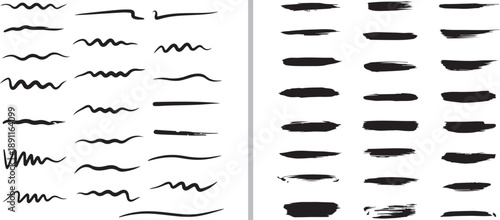 A comprehensive set of black hand-drawn vector brush strokes featuring diverse textures, energetic scribbles, and wavy lines. Ideal for adding organic, artistic accents to digital graphic designs.