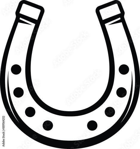 Black and white outline icon of a horseshoe with nail holes, simple vector graphic