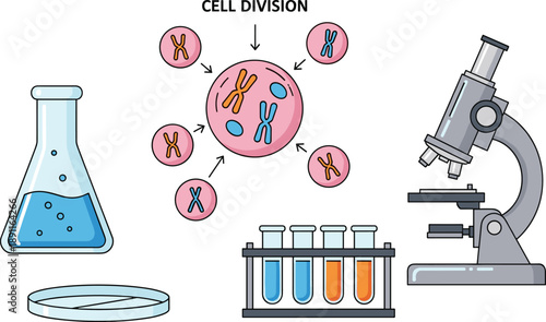 Scientific laboratory equipment collection featuring microscope, test tubes, beaker, and Petri dish with cell division diagram for biology education, medical research, and science studies