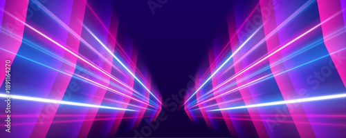 Image of speed motion on the road. Abstract background in blue and purple neon glow colors. Speed of light in galaxy. Panoramic high speed technology concept, light abstract background. Vector.	