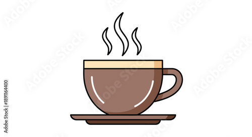 A warm and inviting flat design illustration of a steaming coffee cup on a saucer, representing hot beverages and breakfast. 