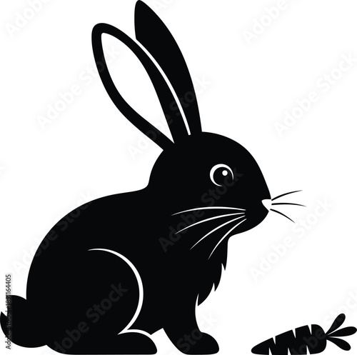 Black silhouette of a rabbit eating a carrot, simple vector icon