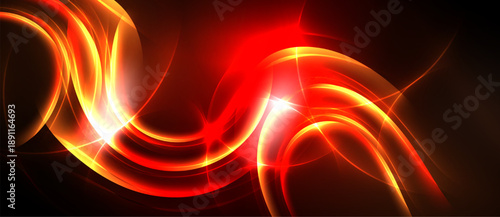 Bright red energy flows, curves create dynamic abstract design. Vivid light radiates from central point, dark background enhances glow.