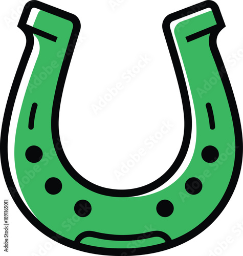 Bright green horseshoe icon with black outline and dots, symbol of luck and good fortune
