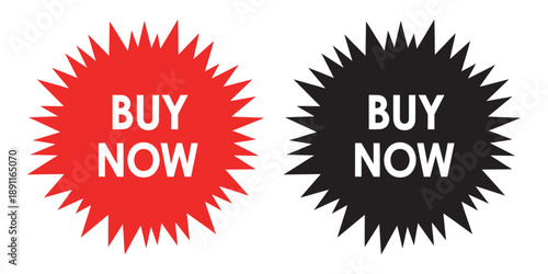 Two buy now starburst stickers in red and black on white background