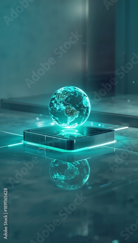 Vibrant holographic Earth globe radiating a teal glow, resting on a sleek illuminated platform, symbolizing global connectivity, technological advancement, and a sustainable future