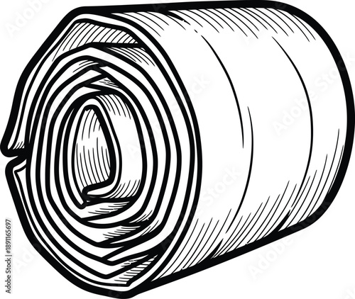 Black and white line art illustration of a rolled up piece of fabric or material, viewed from the end