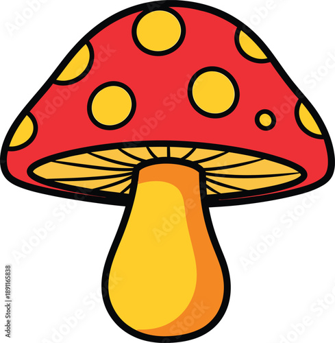 Cartoon amanita muscaria mushroom with red cap and yellow spots