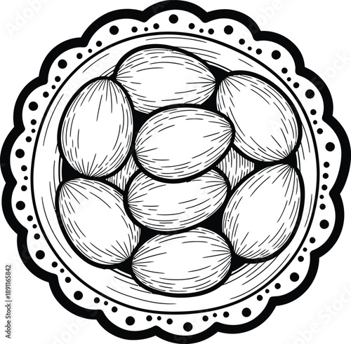 Hand drawn illustration of almonds in a decorative bowl, black and white outline drawing