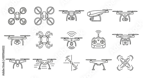 Collection of line art icons depicting various types of drones, remote controls, and propellers, illustrating modern aerial technology.