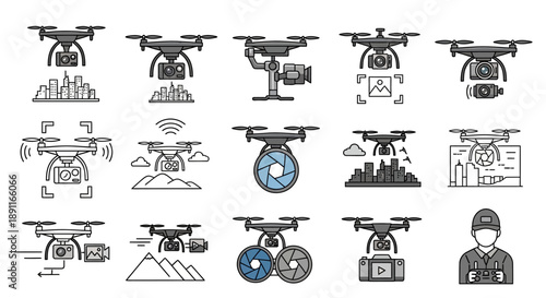 Collection of drone icons illustrating various uses and features, including aerial photography, videography, and remote operation over diverse landscapes.
