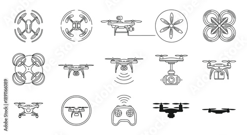 A collection of various drone line art icons, including different models, propellers, and a remote control.