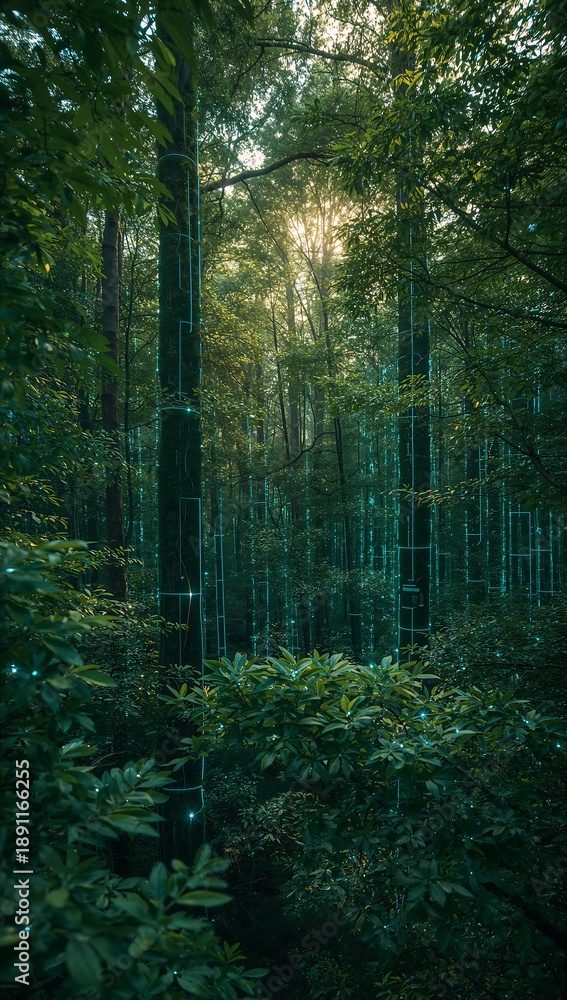 Obraz premium Sunlight filtering through the dense, verdant canopy of an ancient forest, creating a mystical and serene woodland atmosphere with tall trees and lush undergrowth bathed in a golden glow