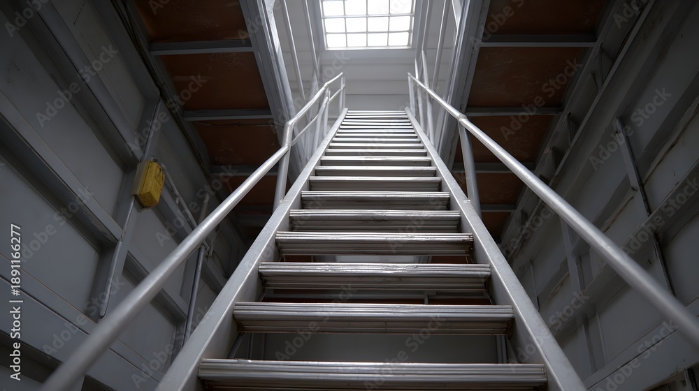 Fototapeta premium Industrial metal staircase leading upwards to a skylight