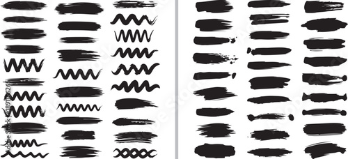 A comprehensive set of black textured vector brush strokes, featuring jagged zig-zags, thick ink smears, and dry-brush effects. Perfect for adding high-contrast, hand-drawn energy to graphic designs.