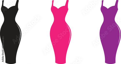 Women Bodycon Dress Silhouette Set, Elegant Fashion Gown Vector Illustration