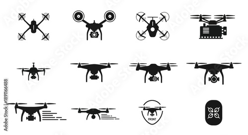 A collection of black and white drone icons and silhouettes, showcasing various designs and perspectives of unmanned aerial vehicles.